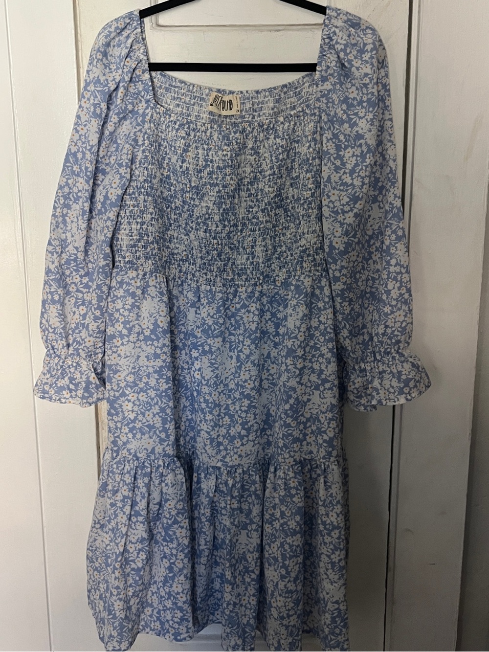 Smocked Floral Midi Dress in Light Blue